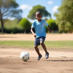 A young boy playing soccer on a small dirt field