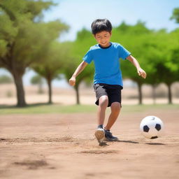 A young boy playing soccer on a small dirt field