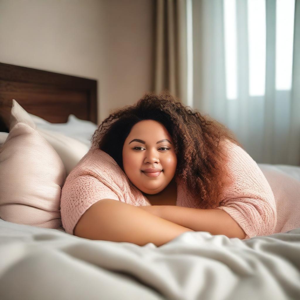 A plus-sized woman lying on her bed