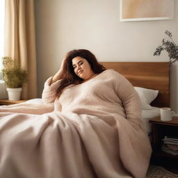 A plus-sized woman lying on her bed