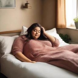 A plus-sized woman lying on her bed