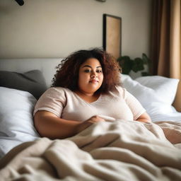 A plus-sized woman lying on her bed