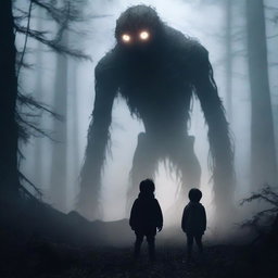 A terrifying creature standing behind a small child in a dark and misty forest