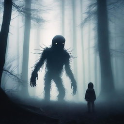 A terrifying creature standing behind a small child in a dark and misty forest