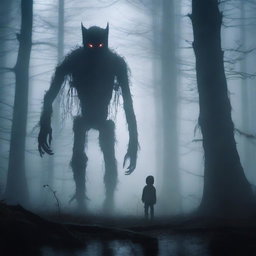 A terrifying creature standing behind a small child in a dark and misty forest