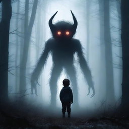 A terrifying creature standing behind a small child in a dark and misty forest