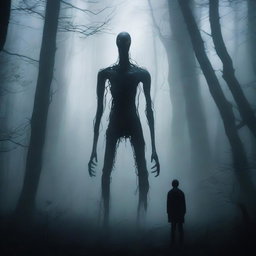 A creature with long limbs standing behind a man in a dark and misty forest