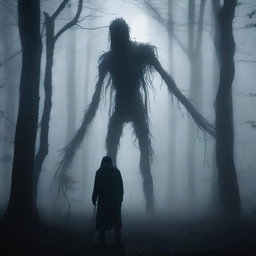 A creature with long limbs standing behind a man in a dark and misty forest