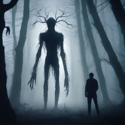 A creature with long limbs standing behind a man in a dark and misty forest