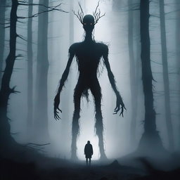 A creature with long limbs standing behind a man in a dark and misty forest