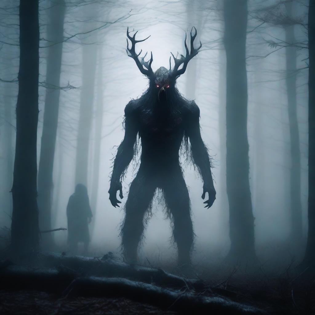 A terrifying creature standing behind a man in a dark and misty forest