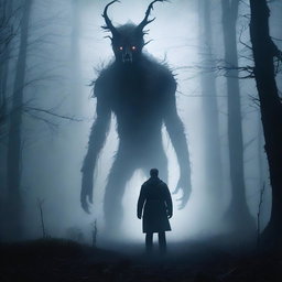 A terrifying creature standing behind a man in a dark and misty forest