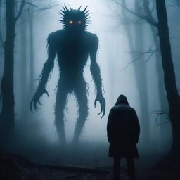 A terrifying creature standing behind a man in a dark and misty forest