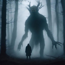 A terrifying creature standing behind a man in a dark and misty forest