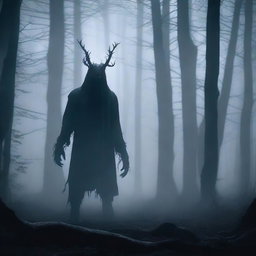 A terrifying creature standing behind a man in a dark and misty forest