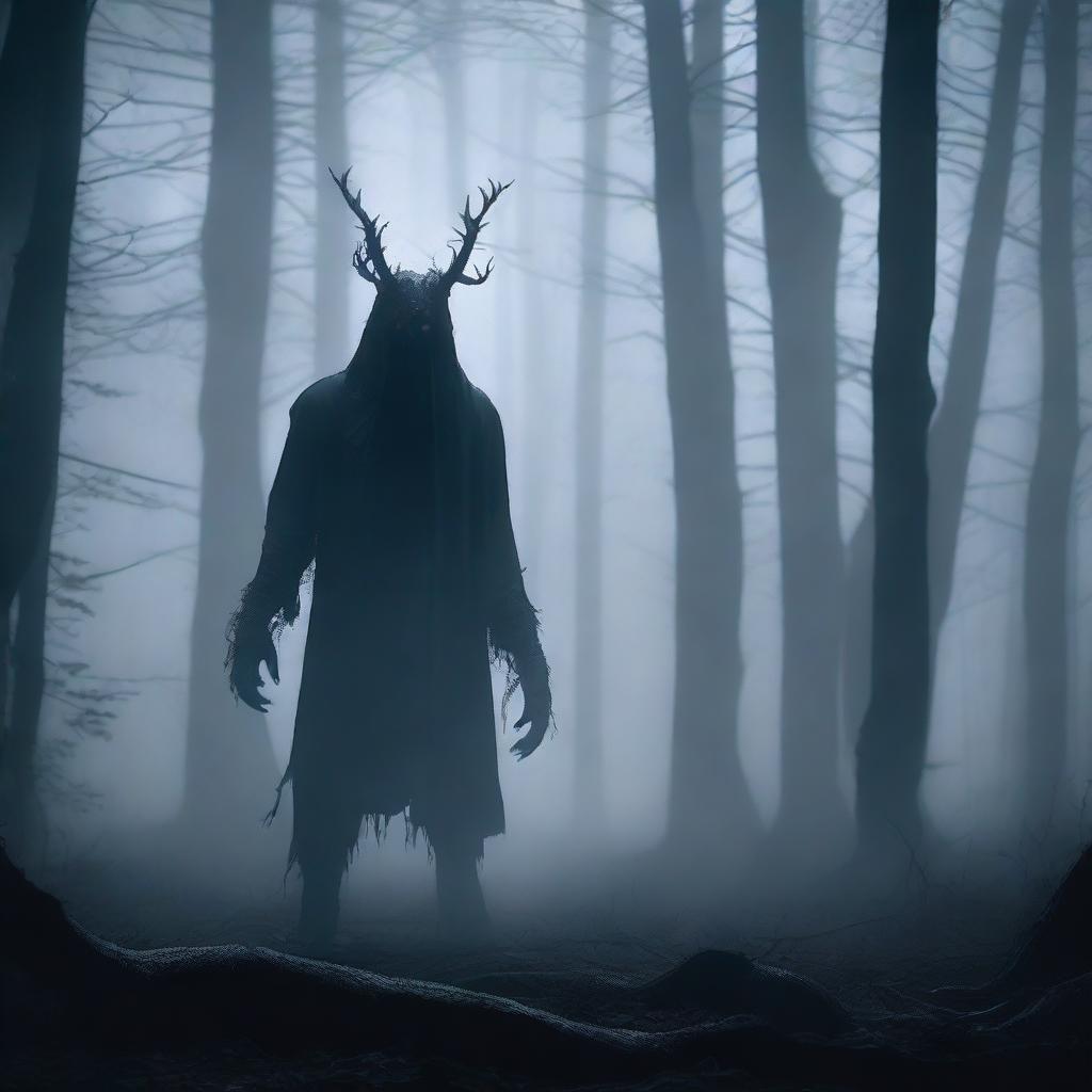 A terrifying creature standing behind a man in a dark and misty forest