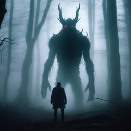 A terrifying creature standing behind a man in a dark and misty forest