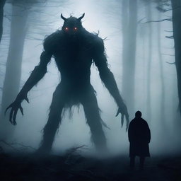 A terrifying creature standing behind a man in a dark and misty forest