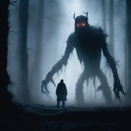 A terrifying creature standing behind a man in a dark and misty forest