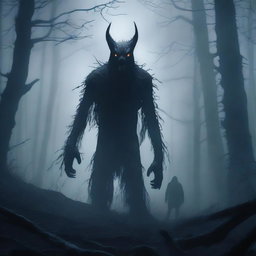 A terrifying creature standing behind a man in a dark and misty forest