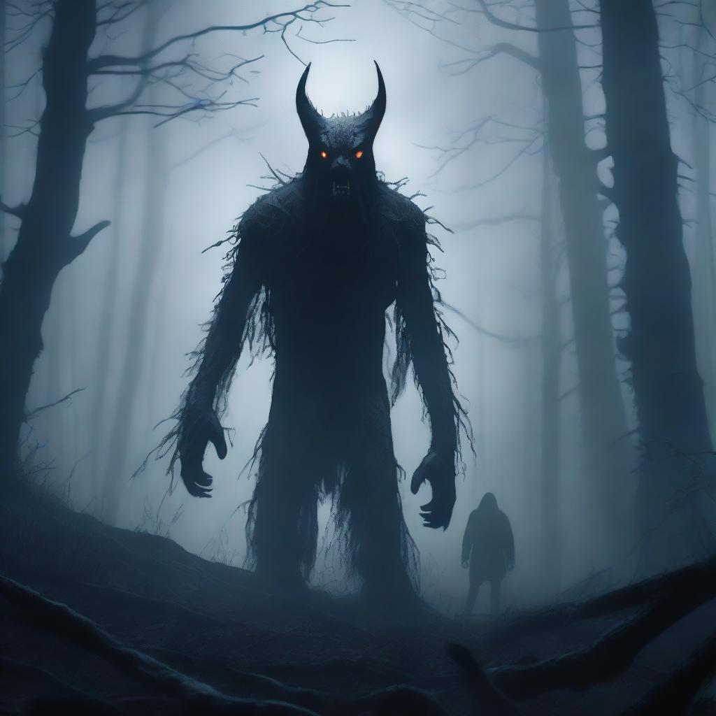 A terrifying creature standing behind a man in a dark and misty forest