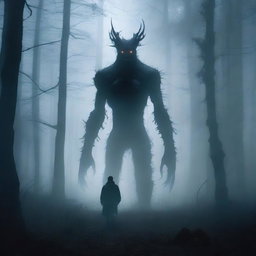 A terrifying creature standing behind a man in a dark and misty forest