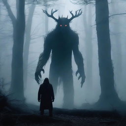 A terrifying creature standing behind a man in a dark and misty forest