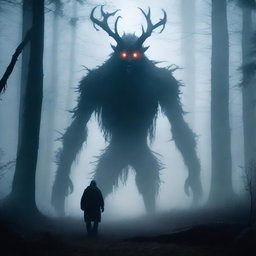 A terrifying creature standing behind a man in a dark and misty forest