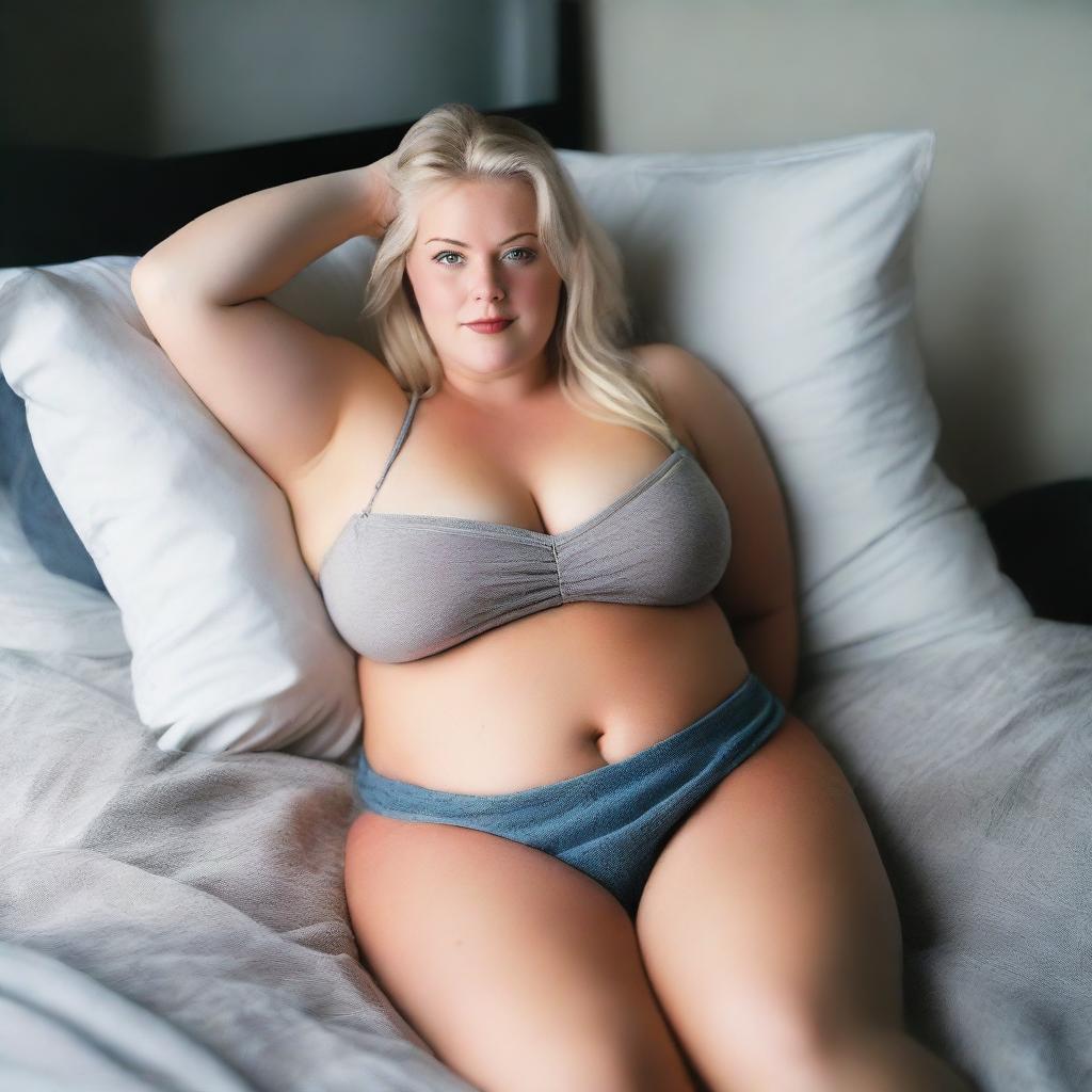 A plus-sized blonde woman with blue eyes, lying on her bed