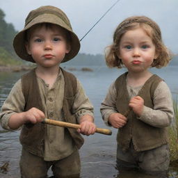 Finn and Fiona, in their child-friendly style from the previous image, discovering an ancient fishing rod among their fishing gear, their faces filled with intrigue and excitement.