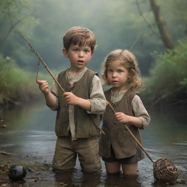 Finn and Fiona, in their child-friendly style from the previous image, discovering an ancient fishing rod among their fishing gear, their faces filled with intrigue and excitement.