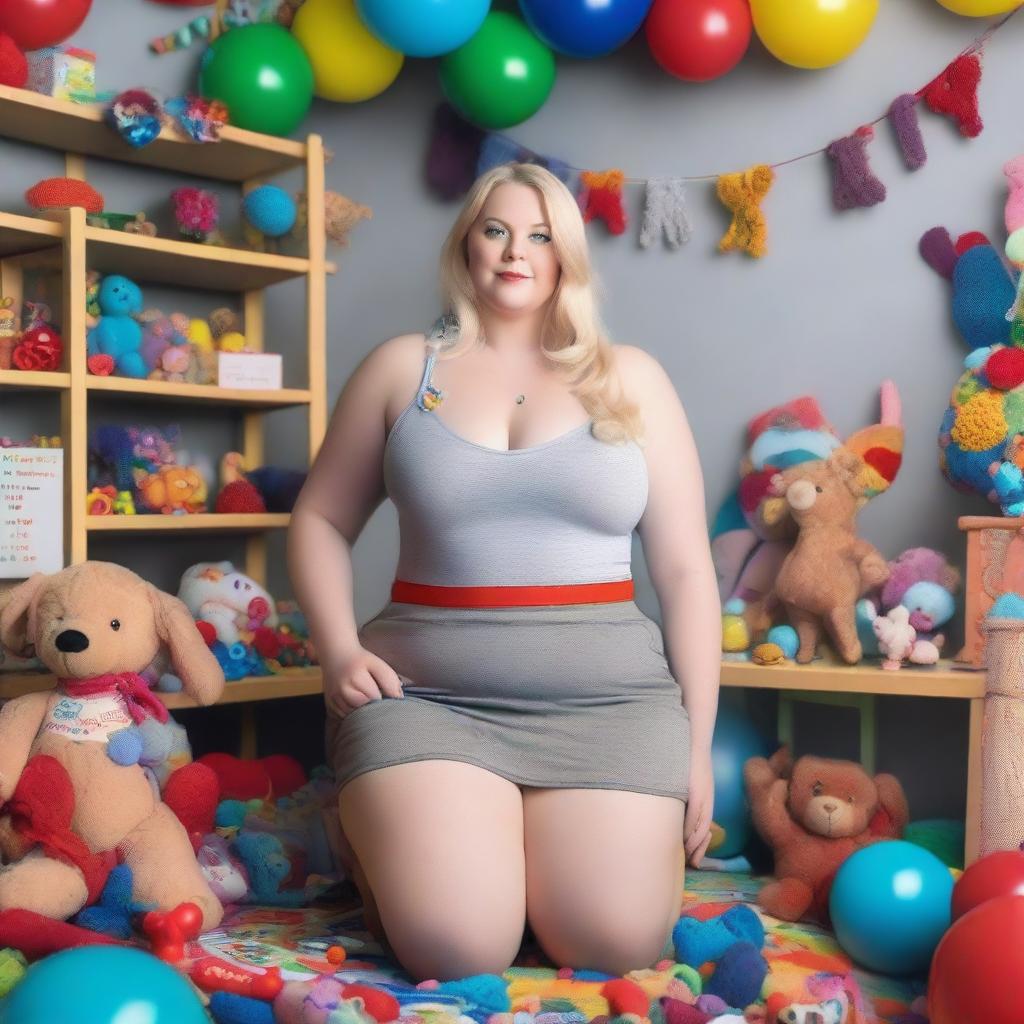 A plus-sized blonde woman with blue eyes, in a playroom