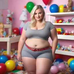 A plus-sized blonde woman with blue eyes, in a playroom