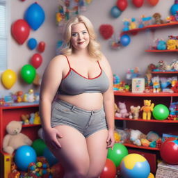 A plus-sized blonde woman with blue eyes, in a playroom