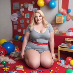 A plus-sized blonde woman with blue eyes, in a playroom