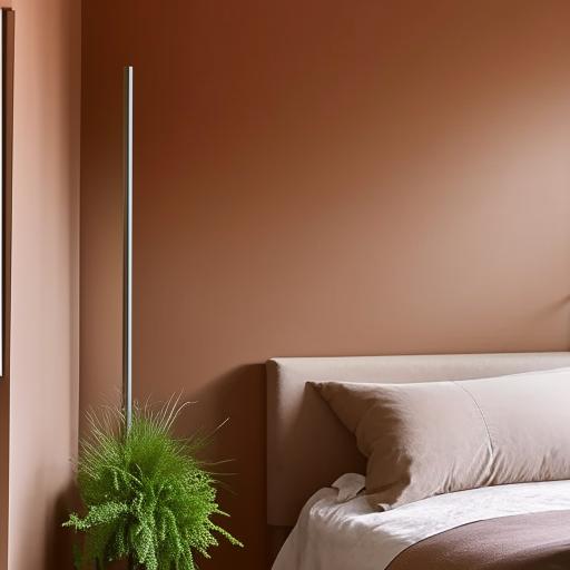 A minimalist bedroom with a soothing palette of earthy brown tones, accentuated with greenery and mirrors. A pillar located near the bed is integrated into the design, disguised aesthetically.