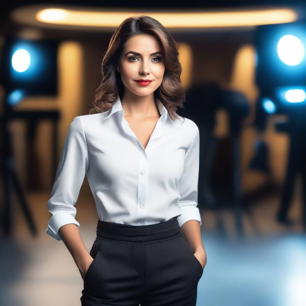 A breathtaking woman with an elegant shirt, standing in a TV studio
