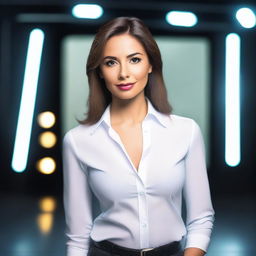 A breathtaking woman with an elegant shirt, standing in a TV studio