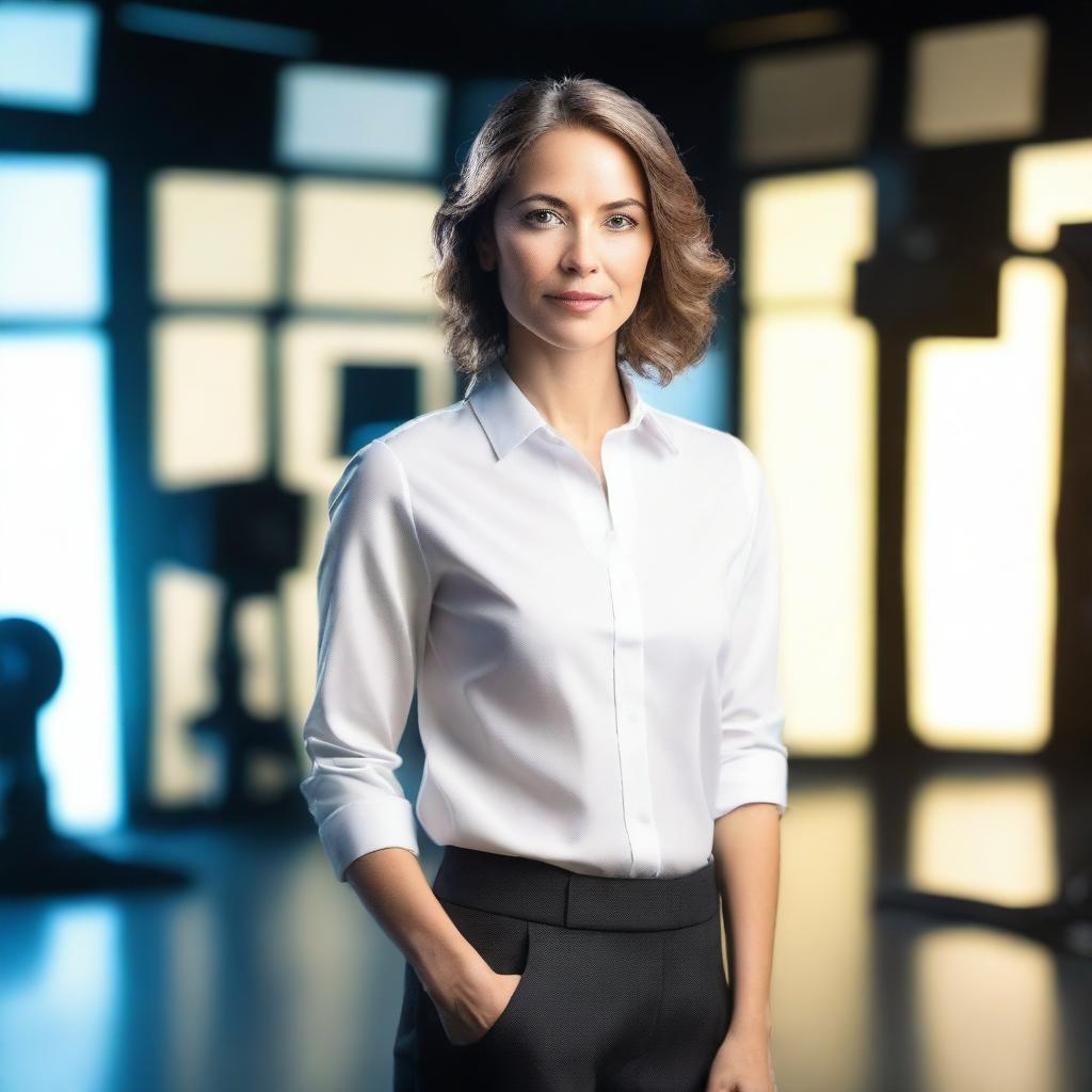 A woman wearing an elegant shirt, standing in a TV studio