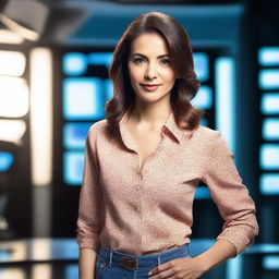 A woman wearing an elegant shirt, standing in a TV studio