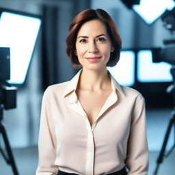 A woman wearing an elegant shirt, standing in a TV studio