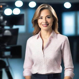 A woman wearing an elegant shirt, standing in a TV studio