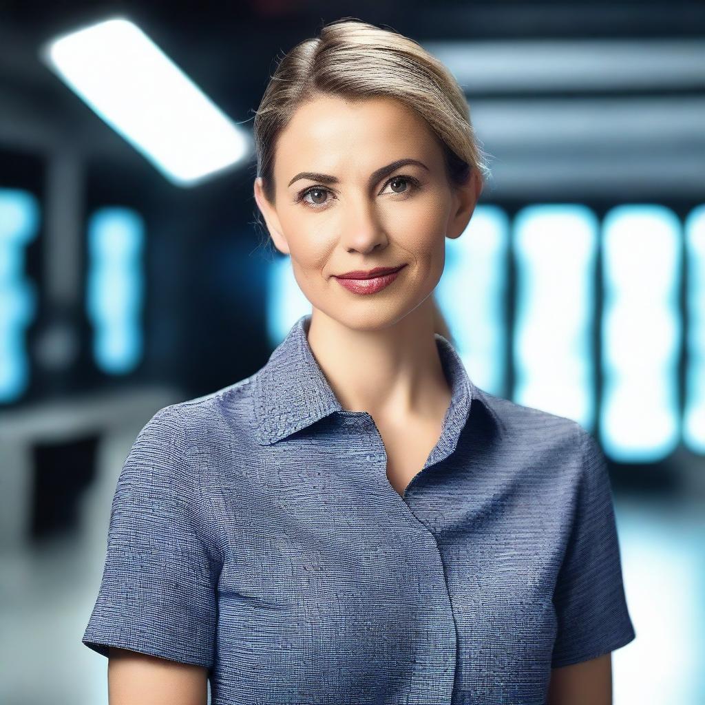 A woman wearing an elegant shirt, standing in a TV studio