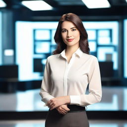 A woman wearing an elegant shirt, standing in a TV studio