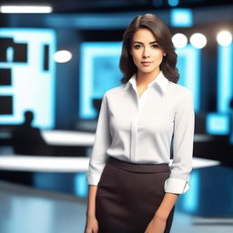 A woman wearing an elegant shirt, standing in a TV studio
