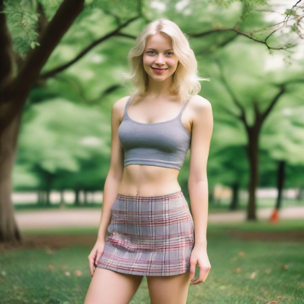 A blonde woman with blue eyes, in a park