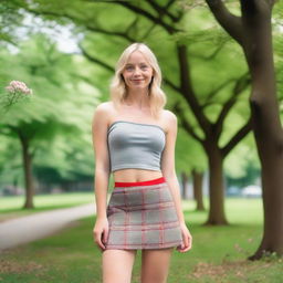 A blonde woman with blue eyes, in a park