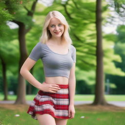 A blonde woman with blue eyes, in a park