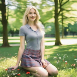 A blonde woman with blue eyes, in a park