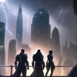 A stormy skyline with dark clouds and lightning bolts striking over a futuristic city